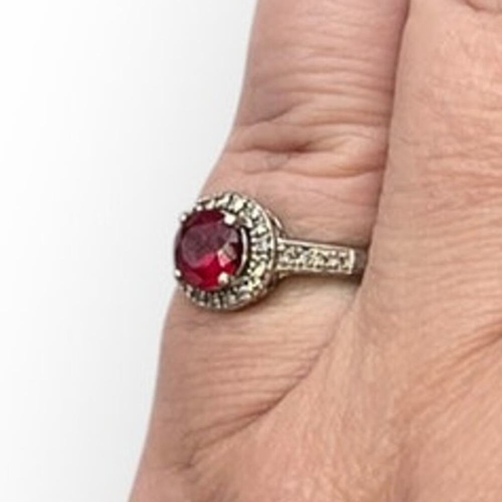 Ruby & Diamond Sterling Silver 925 Halo Ring HDS Signed Size 7